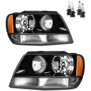 Headlights Assembly for 1999-2004 Jeep Grand Cherokee Headlamp Replacement Chrome Housing Black Reflector Driver & Passenger Side (OE Replacement, Black | With High & Low Beam Bulbs)