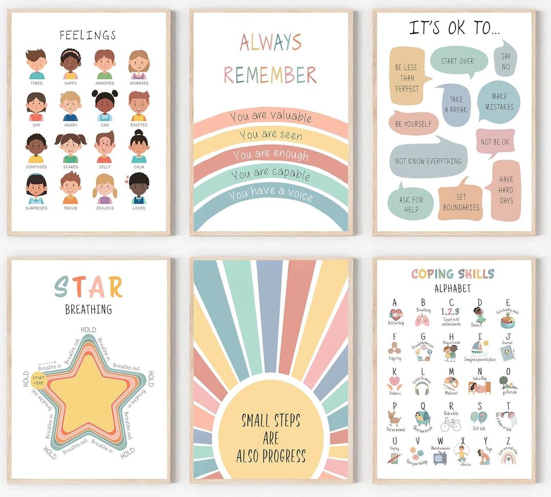 6Pcs Kids Mental Health Wall Art Nursery Psychology Therapy Positive Aaffirmations Inspirational Boho Painting Posters Pictures Wall Decor Canvas Print Artwork for Classroom Baby Room Home Decoration (16L" x 12W")
