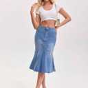 Women Midi Jean Skirt High Waisted Ruffled Bodycon Fishtail Denim Skirts (Blue) L