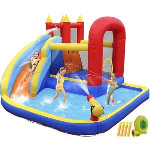 JOYLDIAS Inflatable Water Slide Bounce House,Slide Bouncer Castle Playhouse w/Splash Pool,Jump Area, Climbing Wall,Basketball Hoop,450W Air Blower for Kids Backyard Indoor Outdoor Use,Free Water Gun, 145.7" X 141.7" X 90.6"