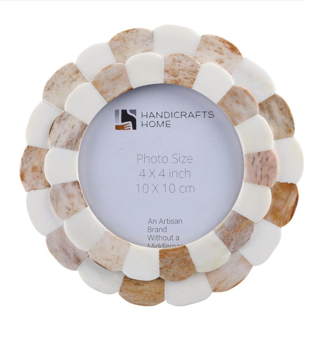 Handicrafts Home Photo Picture Frame - 4" x 4", Round Handmade Gift Photo Frames - Brown & White