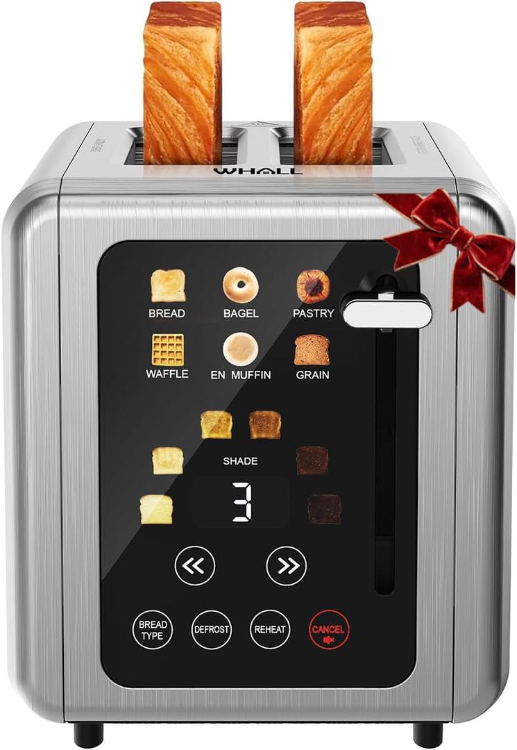 WHALL Touch Screen Toaster 2 Slice, Stainless Steel Digital Timer Toasters with Sound Function, Smart Extra Wide Slots Toaster with Bagel, Cancel, Defrost (silver)