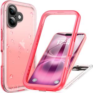 Cozycase for iPhone 16 Case Waterproof - 360 Heavy Duty with Screen/Camera Protector Shockproof IP68 Underwater Dustproof Water Dust Shock Proof Full Body/Front and Back Case Pink/Frosted Clear