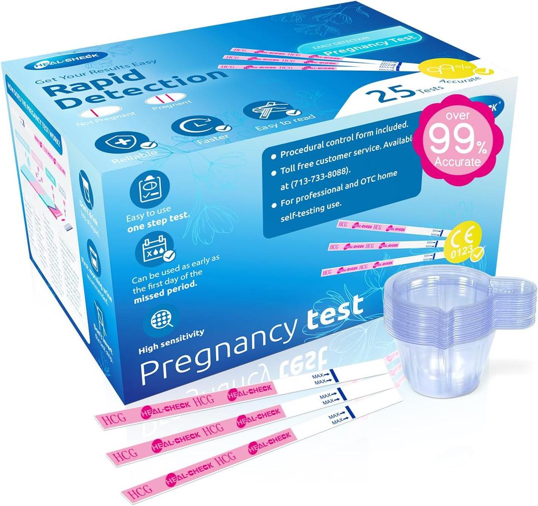 Pregnancy Tests with Cup, HEAL-CHECK Bulk Pregnancy Test Strips for Home Detection, Over 99% Accuracy, Individually Wrapped, Extra-Wide 5mm HCG Test Kit Comfortable Grip, 25 Count, Pruebas De Embaraz