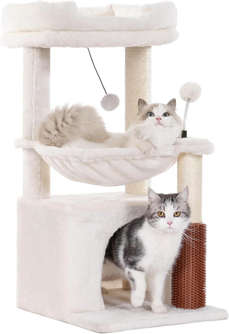 Cat Tree 32 Inches Small Cat Tree for Large Cats Adult Cat Tower with Scratching Post,15.7”Large Hammock and Self Groomer, and Removable Top Perch and Wide Condo for Indoor Cats-Beige