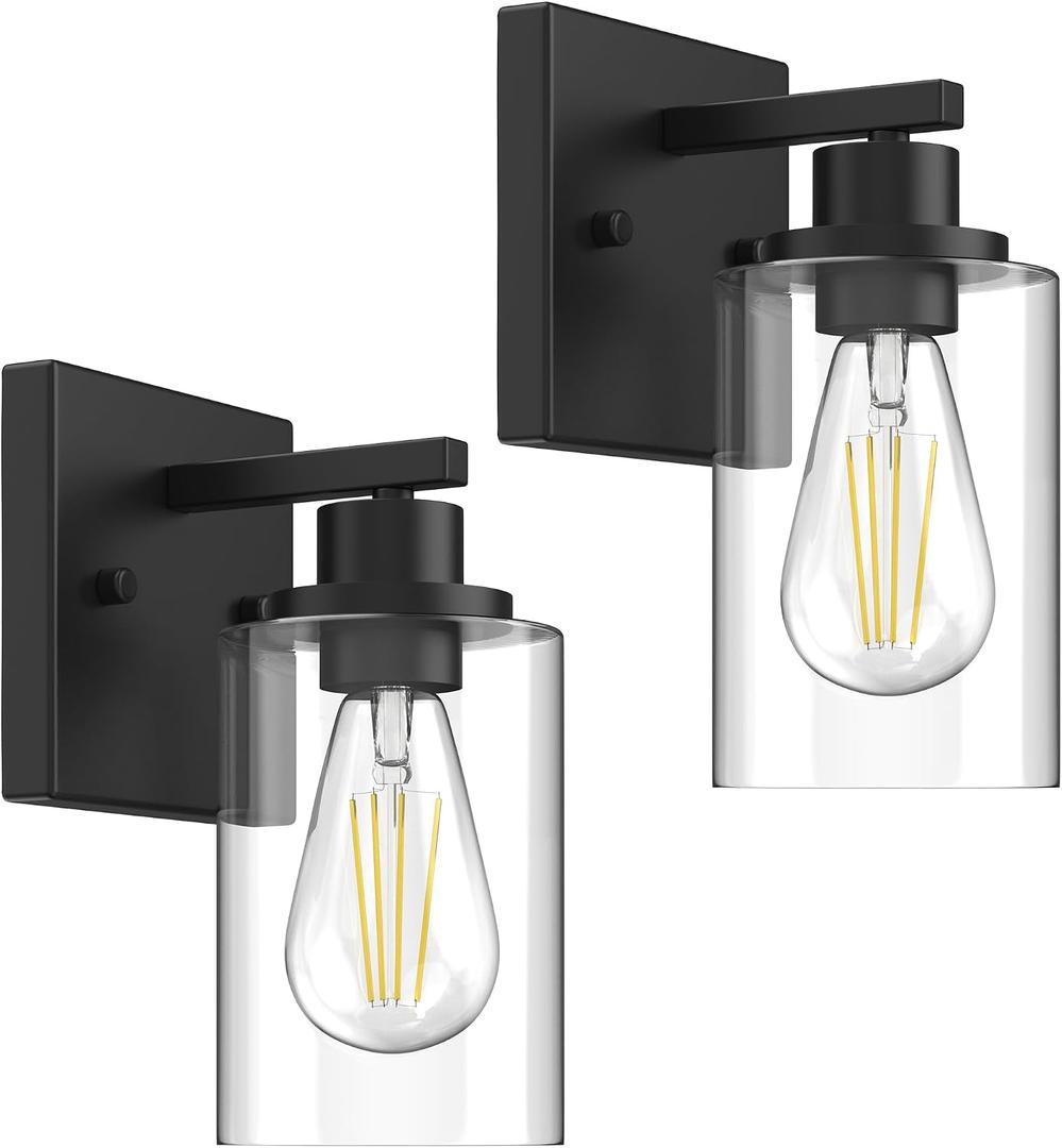 Wall Sconces Set of 2 Matte Black Vanity Lights for Bathroom, Modern Wall Light Fixtures Sconce Lights Indoor with Clear Glass Farmhouse Wall Mount Lamp for Bedroom Mirror Living Room Hallway E26 Base, 2PCS Single glass