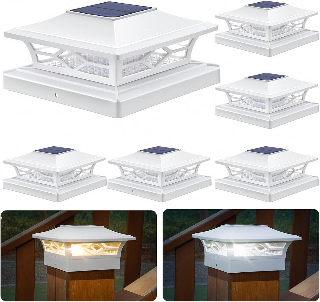 APONUO Solar Post Cap Lights, 6 Pack 2-Mode Fence Post Solar Lights, IP65 Waterproof, Auto On/Off, Outdoor Deck Fence Garden Lights for 4x4 5x5 6x6 Vinyl Posts, White