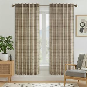 RYB HOME Farmhouse Linen Plaid Curtains Light Filtering 72 inches Long, Grid Semi-Sheer Privacy Gingham Window Drapes for Living Room Bedroom Nursery Vintage Rustic, Linen, W52 x L72 Inch, 2 Panels