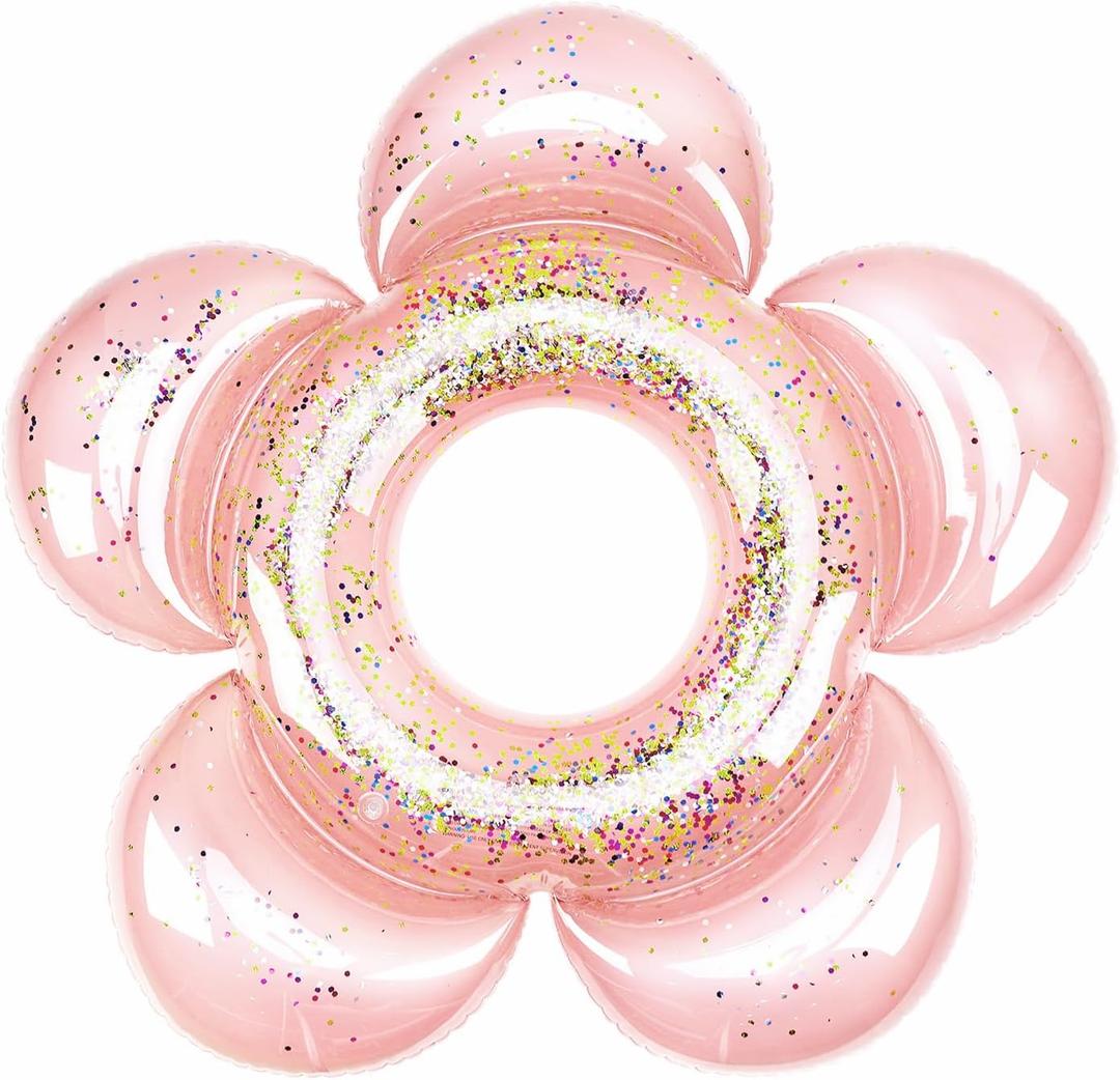 HeySplash Pool Floats for Adults, Large Floats Inflatable Floatie Loungers with Glitter, Swim Tube River Lake Wedding Bride Engagement Party Decor Toy Raft, Flower Bachelorette Fun Decor, Rose Gold