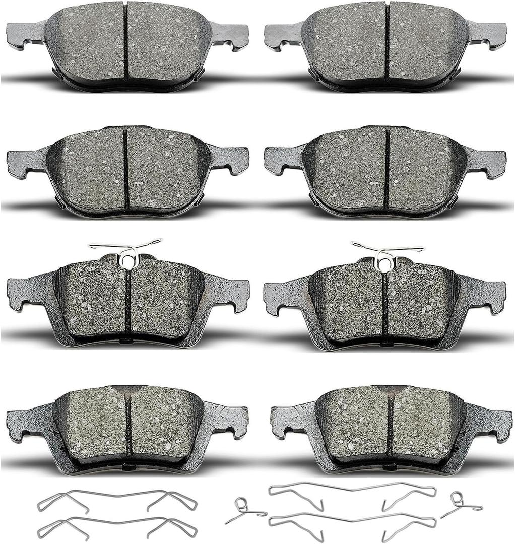 D1044 D1095 8pcs Ceramic Front Rear Brake Pads Set With Clips Fit For 2013-2016 Ford Escape,For 2012-2015 Focus,For 2006-2011 Volvo S40/V50,For Volvo C70/C30,For Mazda 3/5,For Ford Transit Connect