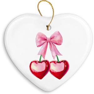 QIYUHOY Coquette Pink Bow Ornament Keepsake Sign,Preppy Cherry Gifts Ornaments for Christmas Tree, Ceramic Heart Keepsake Preppy Girly Gifts for Women, Hanging Ornaments