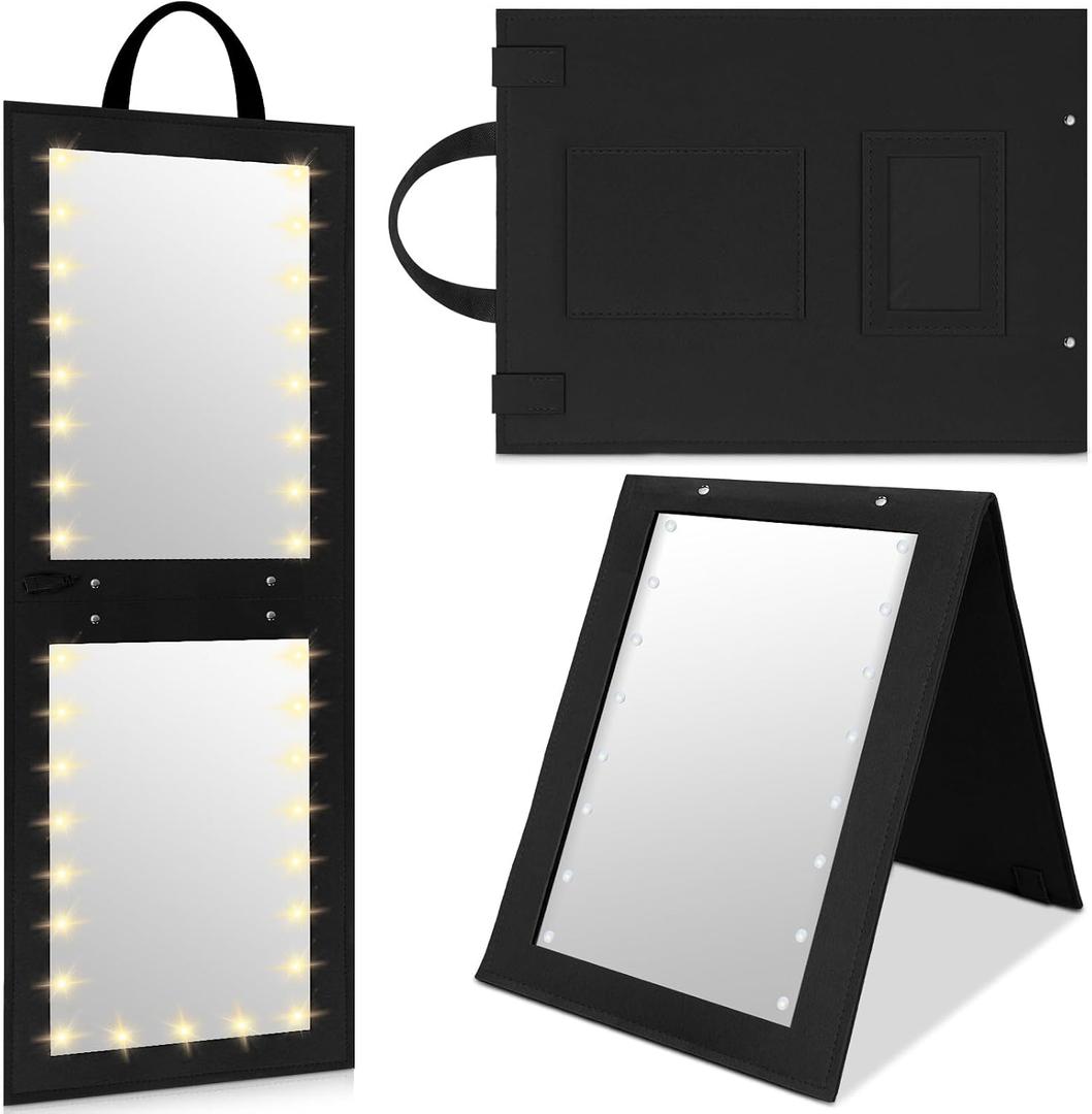 1 Pack Foldable Full Length Travel Mirror with Full Light 25.2x11.8 Inch Foldable Hanging Backstage Mirror LED Double Side Lights for Travel Camping Dance Competition Home Fitness Gift(Black)