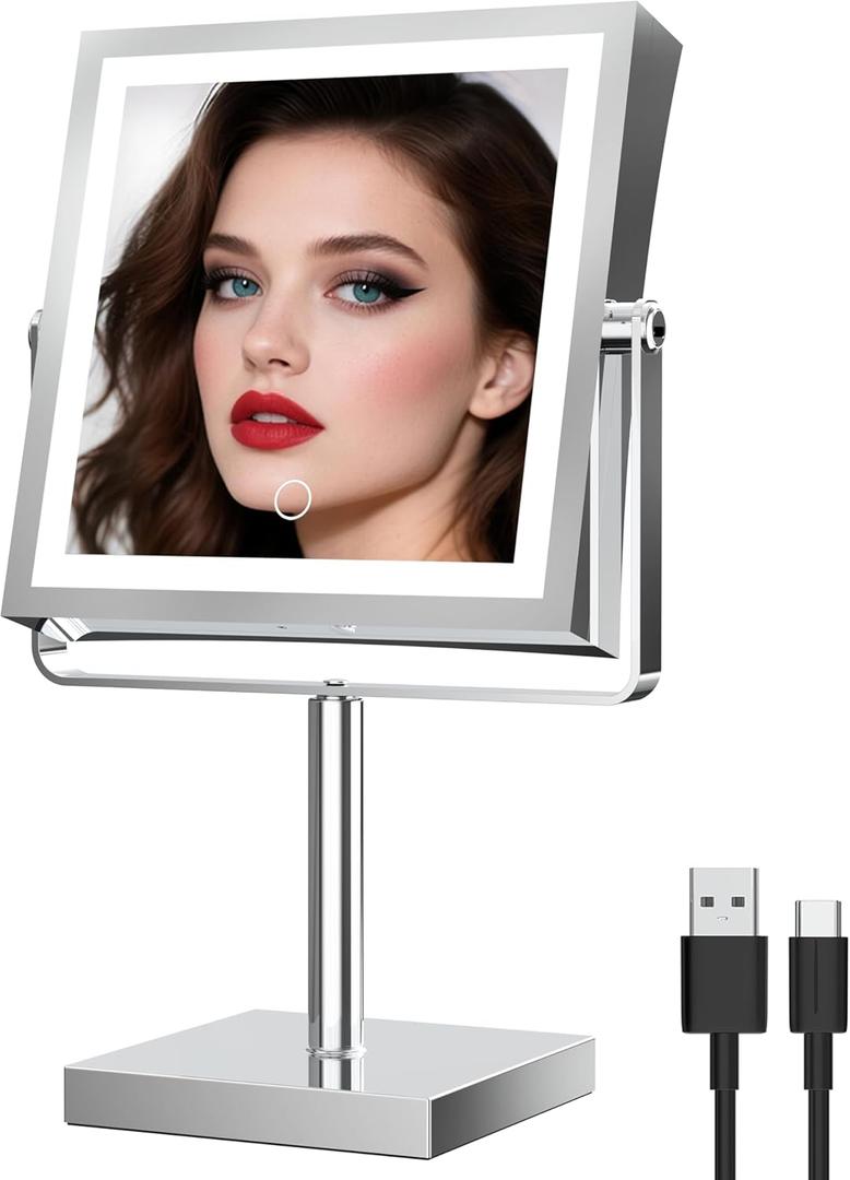 Ruacq Rechargeable Makeup Mirror, 4000mAh Lighted Makeup Mirror with Magnification 1X/10X, Height Adjustable Vanity Mirror with Lights, 3 Color Lights, Adjustable Brightness, 360Rotation (Chrome) Ruacq Rechargeable Makeup Mirror, 4000mAh Lighted Makeup Mirror with Magnification 1X/10X, Height Adjustable Vanity Mirror with Lights, 3 Color Lights, Adjustable Brightness, 360Rotation (Chrome)