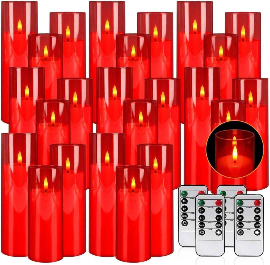 23-Pack Red Acrylic Flameless LED Candles with Remote Control - Realistic Flickering Battery - Operated Candles for Valentine's Day, Home Decor, Weddings, and Parties.