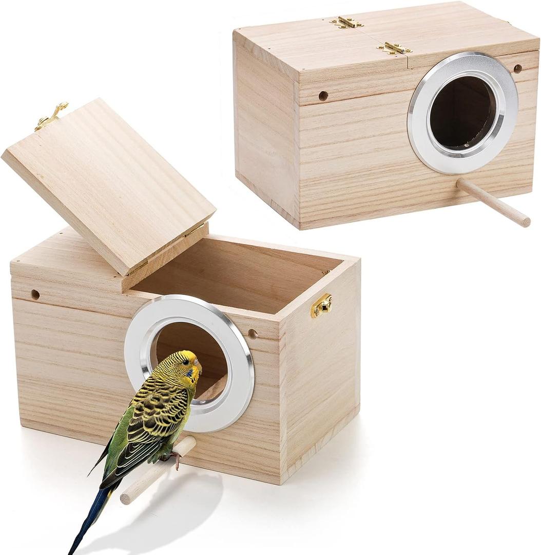 Hiceeden 2 Pack Parakeet Nest Box, Natural Wood Bird Nesting Box, Small Bird House Breeding Box for Budgie Lovebirds, Cockatiel, Parrots Mating, Aviary, 7.74.74.7 Inches