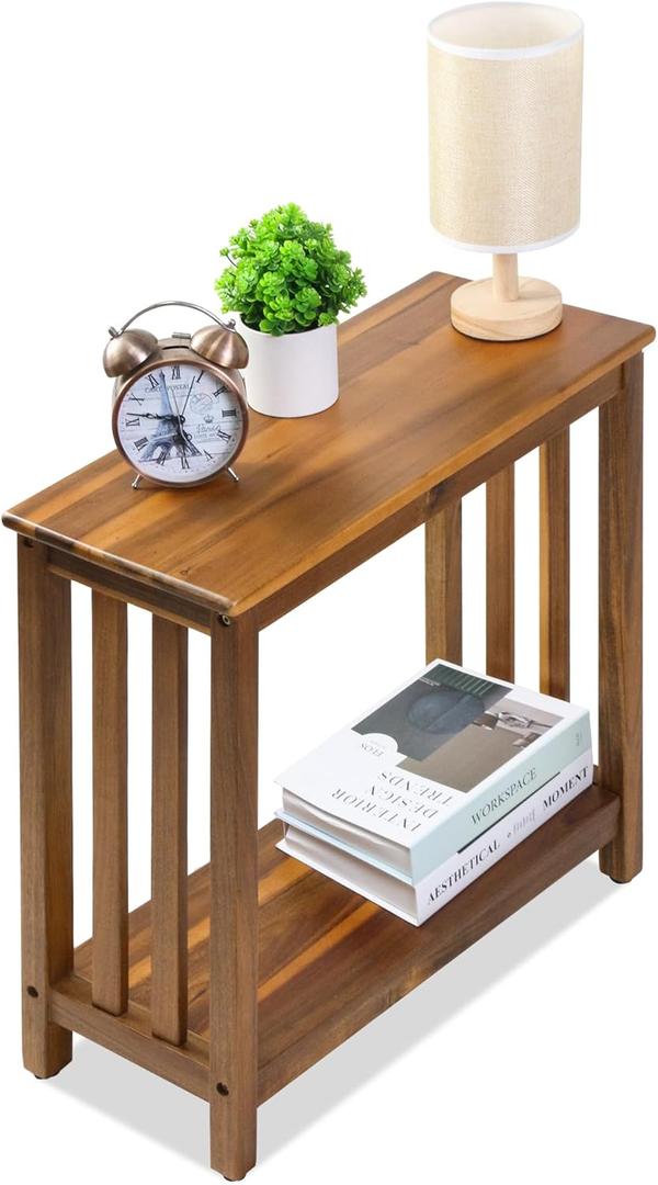 ENKEZI Narrow End Table with Shelf Slim Side Table, Nightstand for Small Spaces, Bedroom, Living Room, Balcony or Outdoor Use (Minimalist Console)