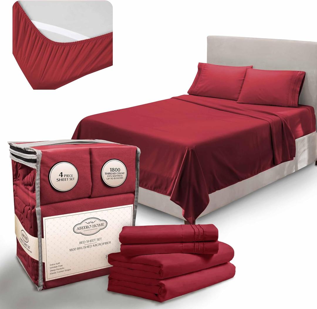 Queen Sheet Set - Luxury Hotel Bed Sheets - Soft Cooling Sheets with Elastic Corner Straps - Deep Pockets Microfiber Bedsheet - Bedding Sheet & Pillowcases - 4 PC (Queen Size, Burgundy)