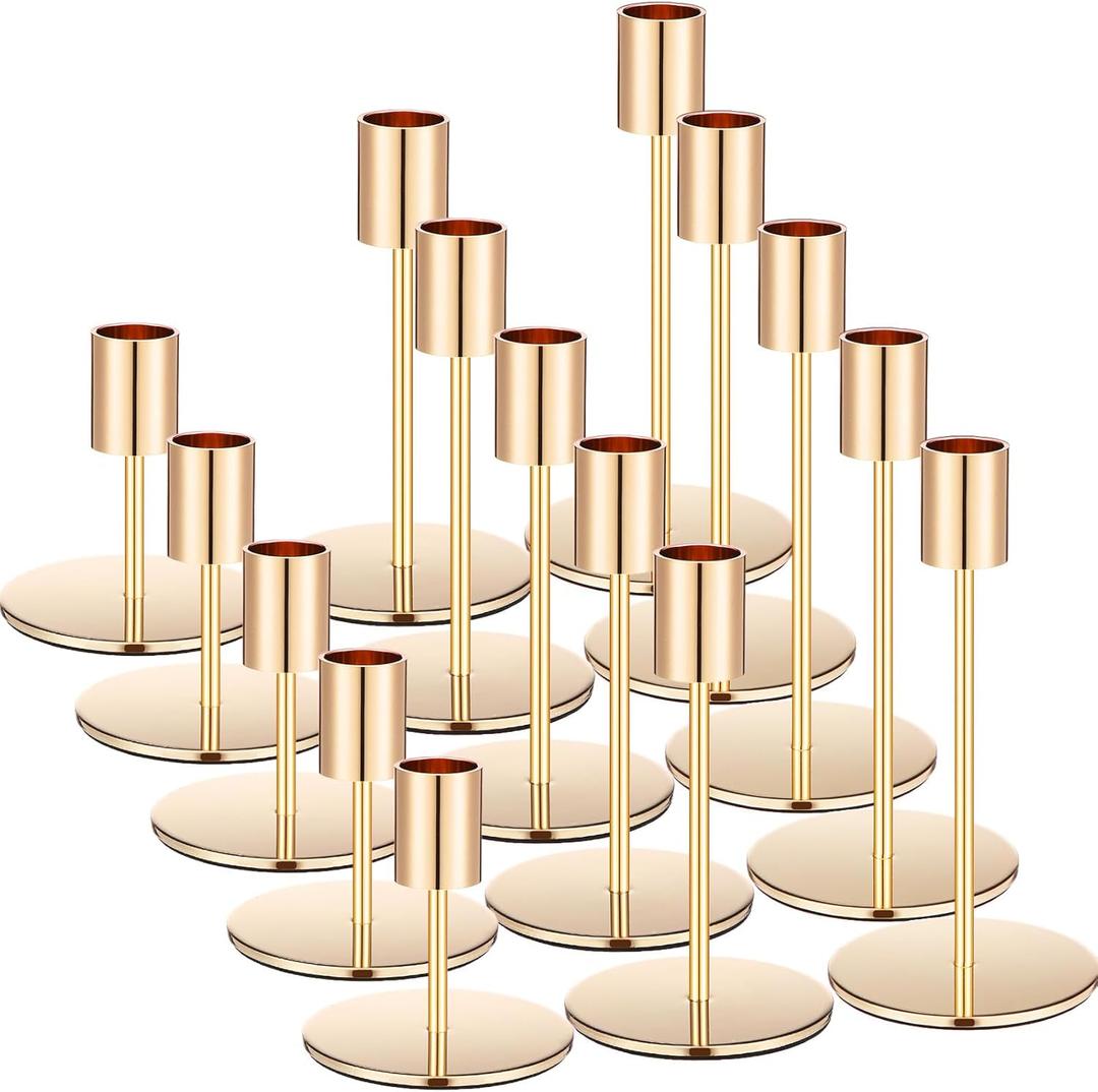 Sieral Candle Holders Bulk Taper Candlesticks Holders Set Modern Decorative Metal Candelabras for Wedding Anniversary Home Dinning Table Centerpiece Xmas Party Decor(Gold,15 Pcs)