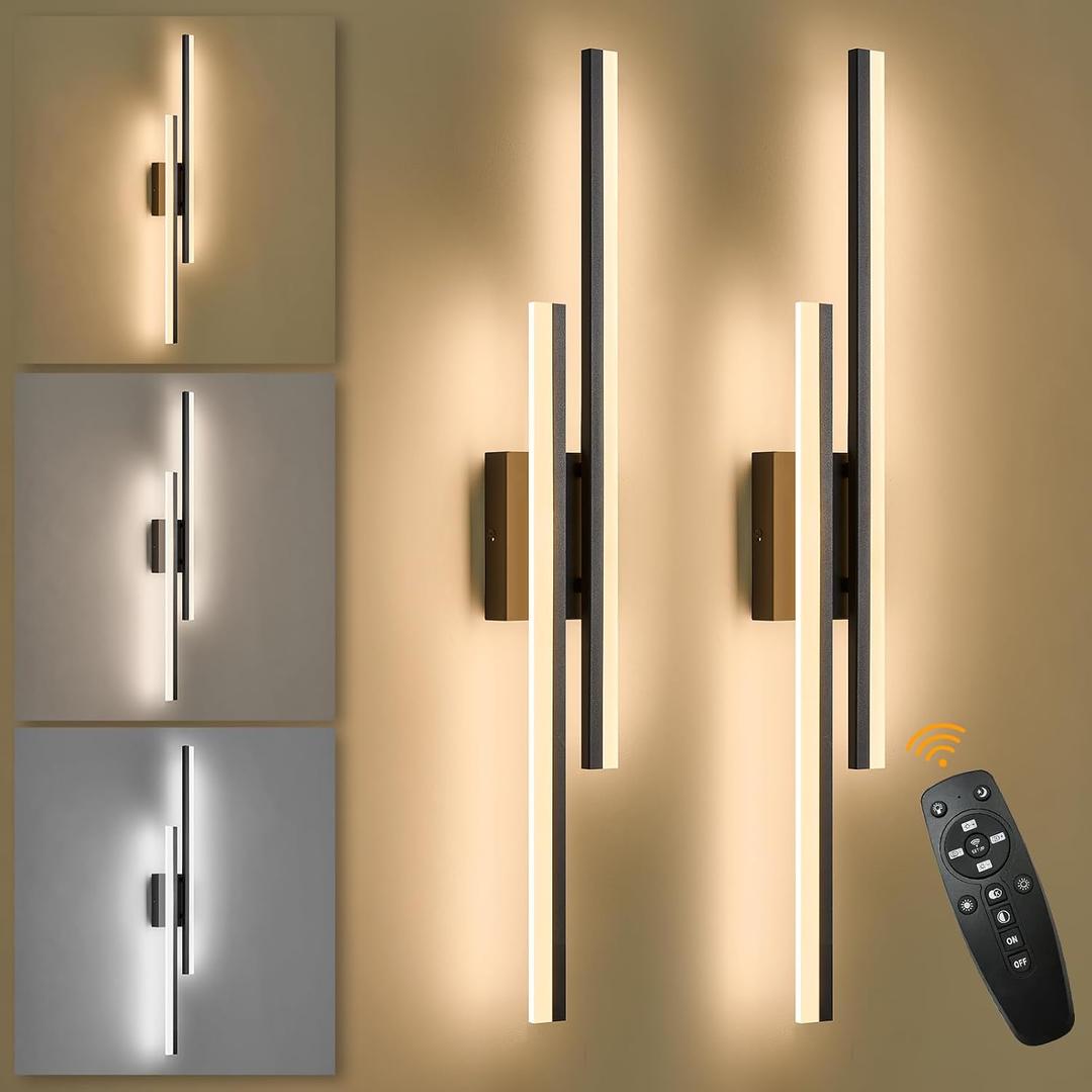 LED Wall Sconce Set of 2 Black Remote Modern LED Vanity Lights Set of 2 Indoor Wall Light Fixtures for Living Room, Dimmable Wall Sconce for Bedside Bedroom Bathroom, 31.5inch 2 Pack, 32 inches