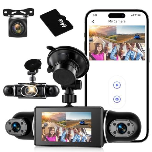 360°View 4 Channel Dash Cam, 2K+1080P Front and Rear Inside Left Right, NHOPEEW 3 inch IPS Screen Dash Camera for Cars, WiFi/APP Control, Night Vision, 24H Parking Mode, 64GB TF Card, Loop Recordin