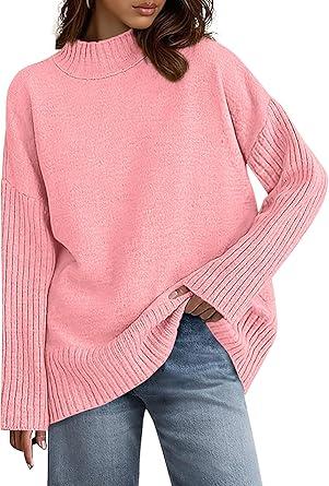 PRETTYGARDEN Casual Long Sleeve Oversized Sweaters for Women 2026 Loose Mock Neck Pullover Sweater Ribbed Knit Fall Clothes S