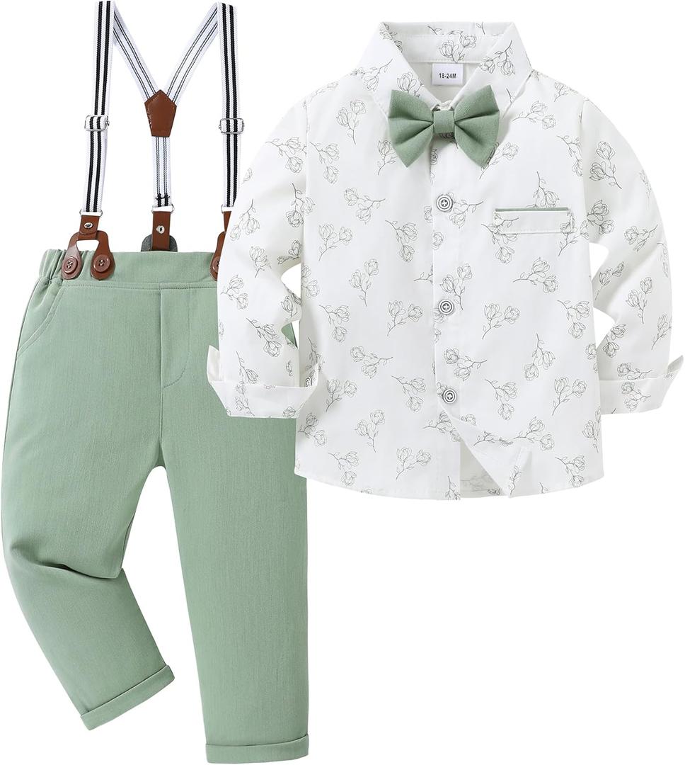 ZOEREA Toddler Baby Boy Suit Clothes Gentleman Wedding Outfits Long Sleeves Dress Shirt + Suspender Pants + Bowtie Green 7-8Y