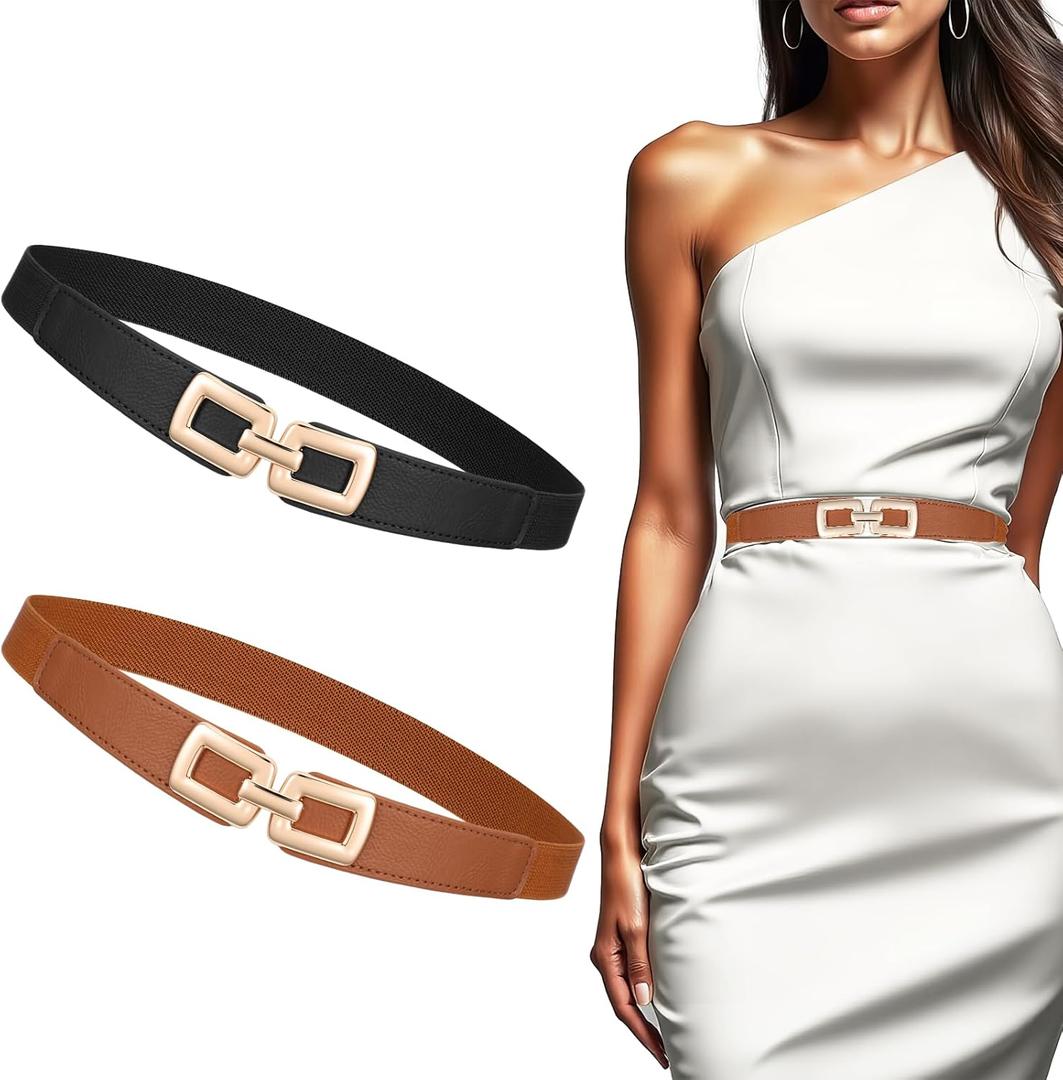 2 Pack Women Elastic Skinny Belt Stretchy Skinny Thin Belt Invisible Waist Belts for Dress Jeans Pants with Metal Gold Buckle