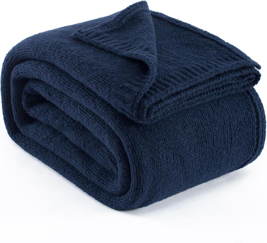 Carriediosa Wool Blend Knit Throw Blanket 50" X 60", 50% Recycled Polyester Soft Cable Knitted Fluffy Throws for Couch Lightweight Woven Blankets for Sofa Fuzzy Cozy Bed Cover, Indigo Blue