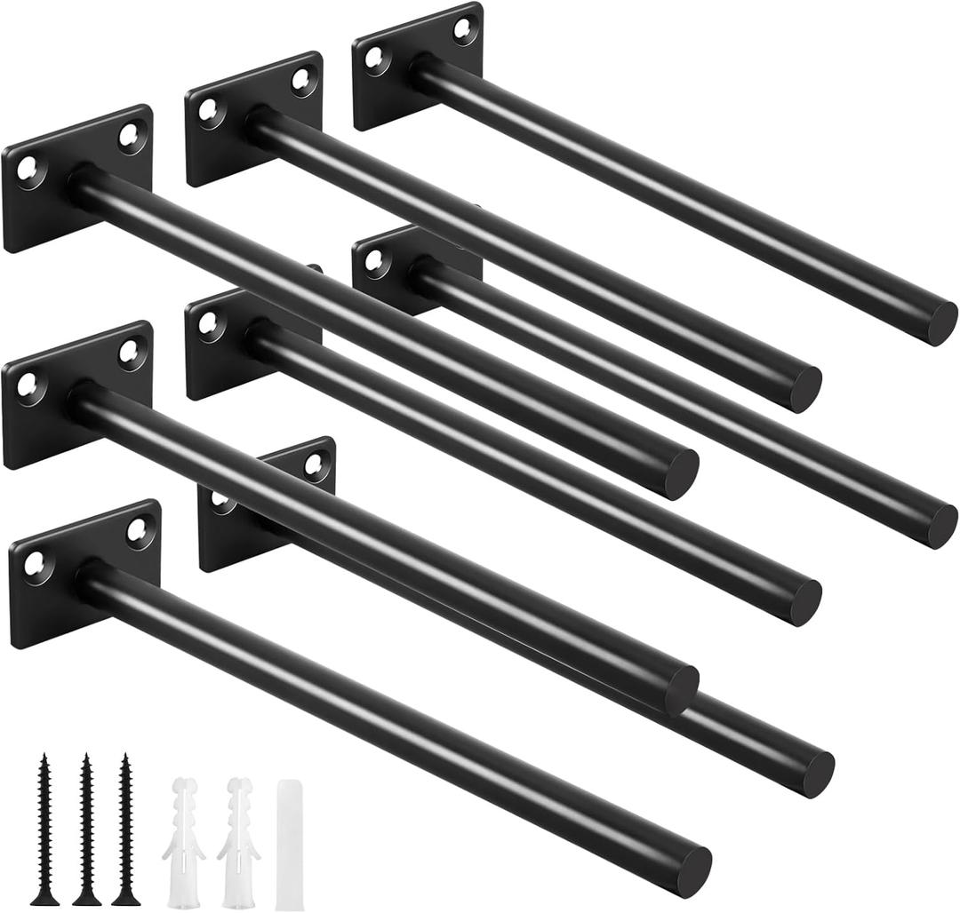 8 Pcs 8" Black Solid Steel Floating Shelf Bracket Blind Shelf Supports - Hidden Brackets for Floating Wood Shelves - Concealed Blind Shelf Support  Screws and Wall Plugs Included