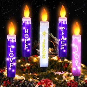 5 Pcs Christmas Advent Candles Outdoor with Ground Socket, 23 Inch Christmas Lighted Decoration Candle, White, Purple & Pink Ground 3D Advent Flameless Candles for Xmas Gift Yard Porch Garden Lawn