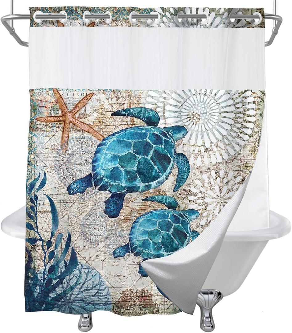 Green and Teal Sea Turtles Theme No Hook Waffle Weave Shower Curtain with Snap in Liner Nautical Beach Bathroom Blue Ocean Decor Set 72 W x 74 H Inch Teal