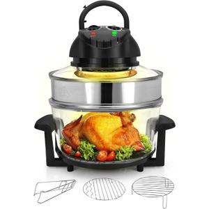 Nutrichef 18 Quart Convection Countertop Air Fryer - See through Glass for Best Cooking Results - Air Fryer, Roaster, Bake, Grill, Steam & Roast - Includes Glass Bowl, Broil Rack & Toasting Rack