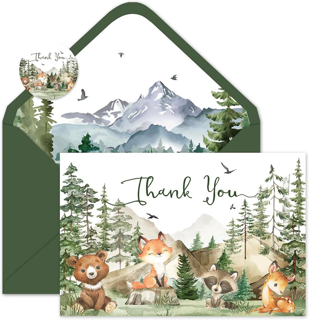 FYSUIMU 50 Pack Woodland Thank You Cards Watercolor Mountain Forest Woodland Animal Greeting Cards with Envelopes Stickers Forest Creature Blank Note Cards for Birthday Baby Shower Party, 4 x 6 Inch