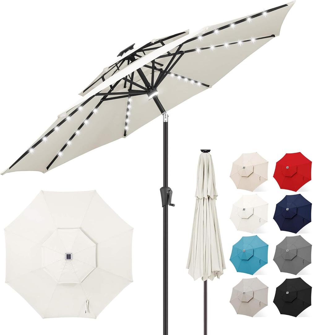 FLAME&SHADE 2 Tiers 9ft Solar Light Patio Umbrella, 40 LED lights outdoor umbrella with Centre Surround Light, Table Market Umbrella for Deck, Pool, Porch, Backyard, Garden (Ivory), 9 FT Double Top