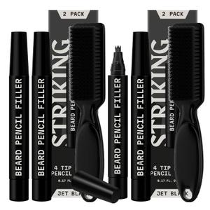 4 Pack Beard Filling Pen Kit with 4 Tips - Waterproof Beard Pencil for Men, Fill, Shape & Define with Brush - Striking Viking (Jet Black) (Jet Black (2 Pack))