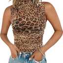 Chunpin Women's Mock Neck Mesh Sleeveless Bodysuit Ruched Going Out Tops Thong Body Suits (Brown Leopard, Small)