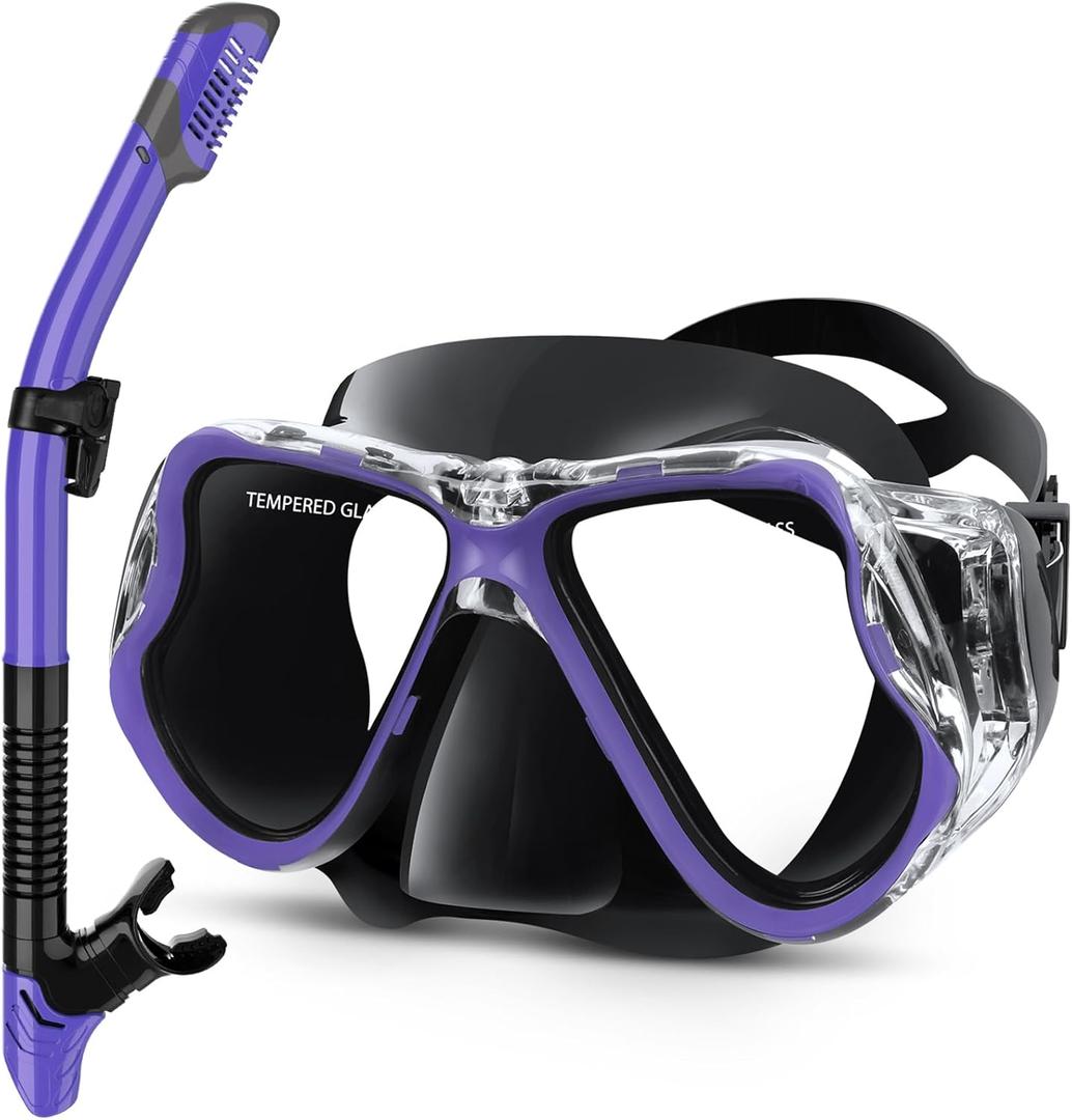 Greatever Dry Snorkel Set,Panoramic Wide View,Anti-Fog Scuba Diving Mask,Professional Snorkeling Gear (Adults, Black Purple)