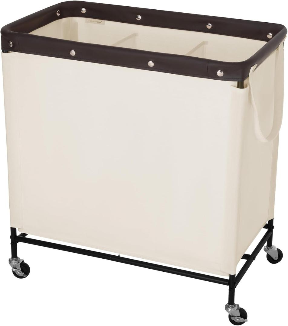StorageWorks 3 Section Laundry Hamper, Rolling Laundry Cart with Wheels and Handles, Laundry Room Double Sorter for Organizer and Storage, 31.7 Gal(120L), Beige