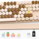 Wireless Keyboard, Round Keycaps, Retro Typewriter Keyboard with Detachable Wrist Rest, Sleep Mode, Foldable Legs, 2.4GHz Full-Size Cordless Computer Keyboard for Windows/PC/Laptop (Latte)
