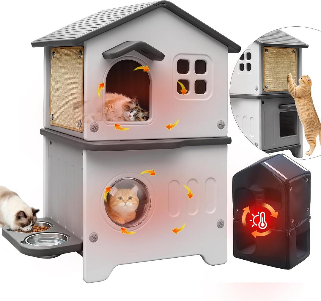 Insulated Cat House Outdoor Weatherpoof Plastic Cats Houses with Elevated Cat Bowls, Cat Scratch Pads and Escape Door, 2-Story Indoor Waterproof Feral/Pet Cat Shelter Outside for Multiple Cats, Grey