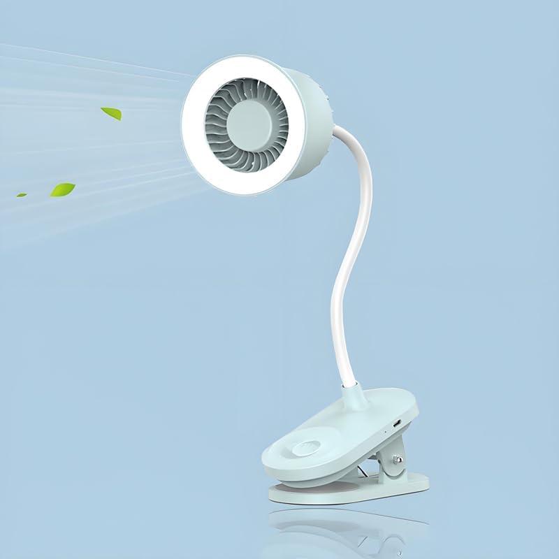 Portable LED lamp 2 in 1 more functions clip on fan,hanging,desktop, 4.5W 3 gears wind speed,2 gears brightness lighting,touch button rechargeable for reading, bed room,camping (light cyan)