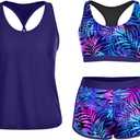 Yonique 3 Piece Athletic Tankini Swimsuits for Women with Shorts Swim Tank Tops with Sports Bra and Boyshorts Bathing Suits (X-Large, Blue Purple Leaves)