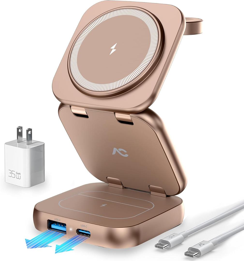 5-in-1 Wireless Charger for MagSafe, AC ISLAND Portable Travel Charging Station, 35W Max Qi2 Fast Foldable Magnetic Stand, Evolved for iPhone 17-12 Series, Apple Watch, AirPods (with 35W Adapter)