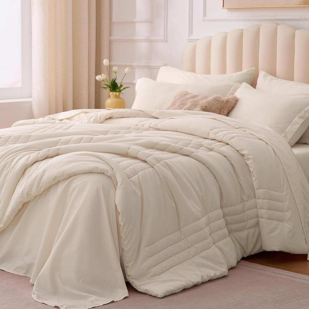 Queen Comforter Set Beige - Bed in a Bag Queen Size 7 Pieces, Soft Bedding Set for All Seasons, Premium Queen Comforter Set with Comforter, Sheets, Pillowcases & Shams