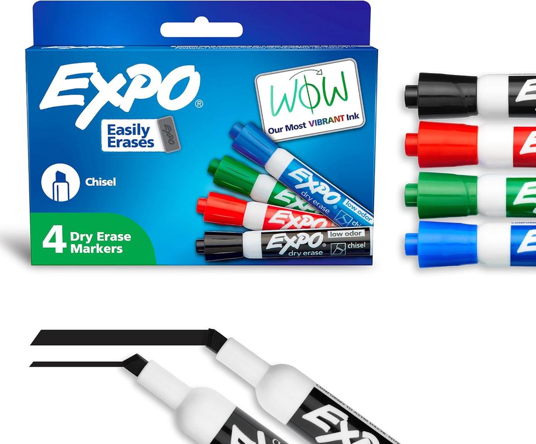 EXPO Dry Erase Markers, Low Odor Ink, Assorted Colors, Chisel Tip, 4 Count - Whiteboard, Calendar, Organization, Essential Supplies for Office, School, Classroom, Teachers