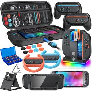 Switch 2 Accessories, [Charge Inside]Case Bundle for Nintendo Switch 2 2025 Console, FYOUNG 23 IN 1 Kit:Carrying Case,Controller Charger,Protective Shell,Grip for Joycon, Steering Wheel for Mario Kart (Black Black)