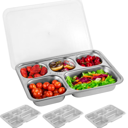 3 Pack Stainless Steel Snack Containers with Lids, 5Compartment Reusable Meal Prep Lunch Trays with PP Lids, Divided Food Storage Container for Cafeteria Restaurant Travel, 10.2 in x 7.1 in x 1.6 in
