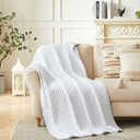 Quilt Throw Blanket, 100% Cotton Fabric Cross Stitch Bedspread Quilted, Reversible Lightweight Blanket for Couch Sofa All Season, 1 Pieces (White, 90×96In) 