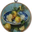 TLESKE Vintage Italian Lemon Kitchen Round Wall Art Decor Framed 10x10, Mediterranean Lemon Chinoiserie Bow Canvas Wall Art Prints Artwork, Summer Hanging Wall Picture Decor for Home Dining Room