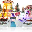 Christmas Village House, Animated Popcorn Popper with Carousel Scene Lighted Musical Christmas Village Set with Colorful LED Light, Battery Operated Collectible Building for Indoor Holiday Table Decor